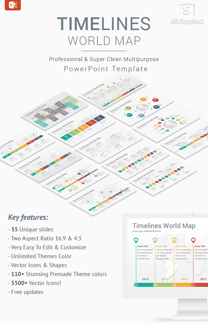 Timelines World Map Diagrams PowerPoint Template