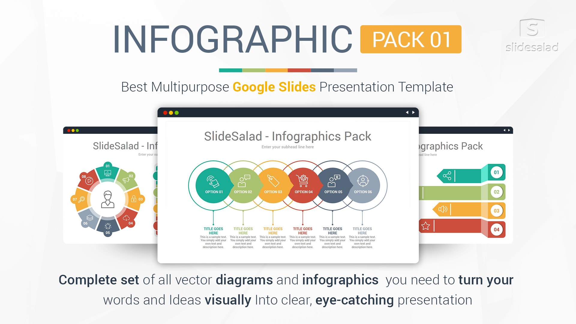 SlideSalad Infographic Pack 01 Google Slides Template - A Complete Set of Infographics for Multipurpose Presentation Needs