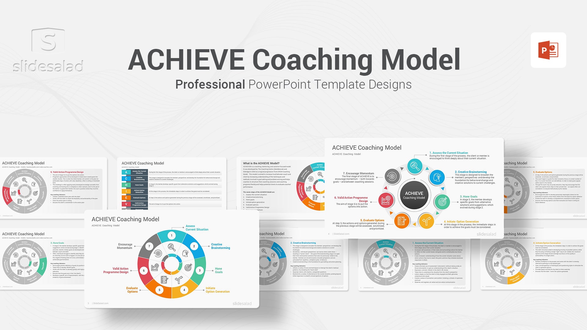 ACHIEVE Coaching Model PowerPoint Template - Clean Slide Designs to Show Best Results to Your Clients by Following a Measurable and Sustainable Methodology