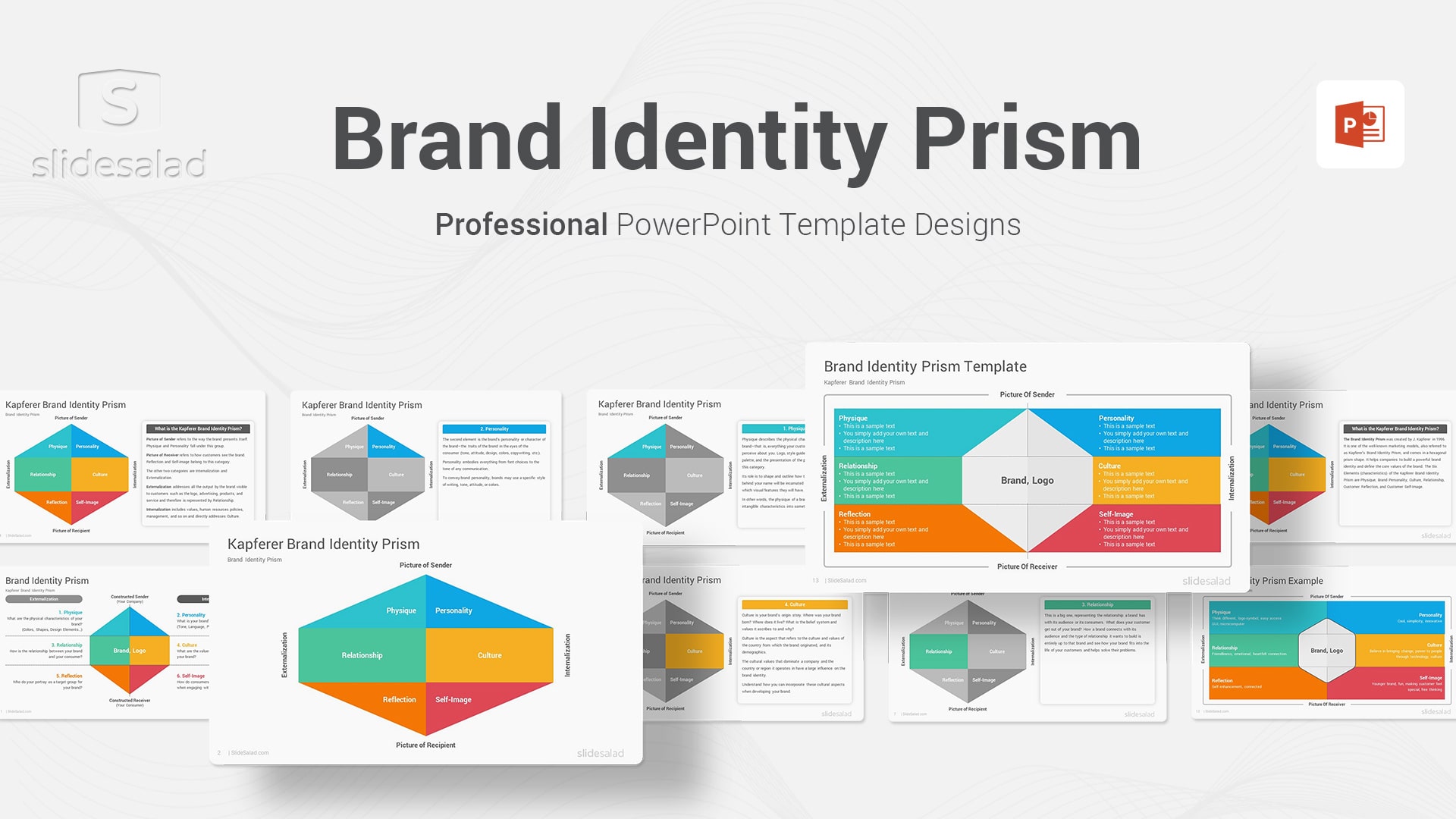 Brand Identity Prism PowerPoint Template Diagrams - Amazing Design Examples and Six Elements of Jean-Noel Kapferer's Brand Identity Prism