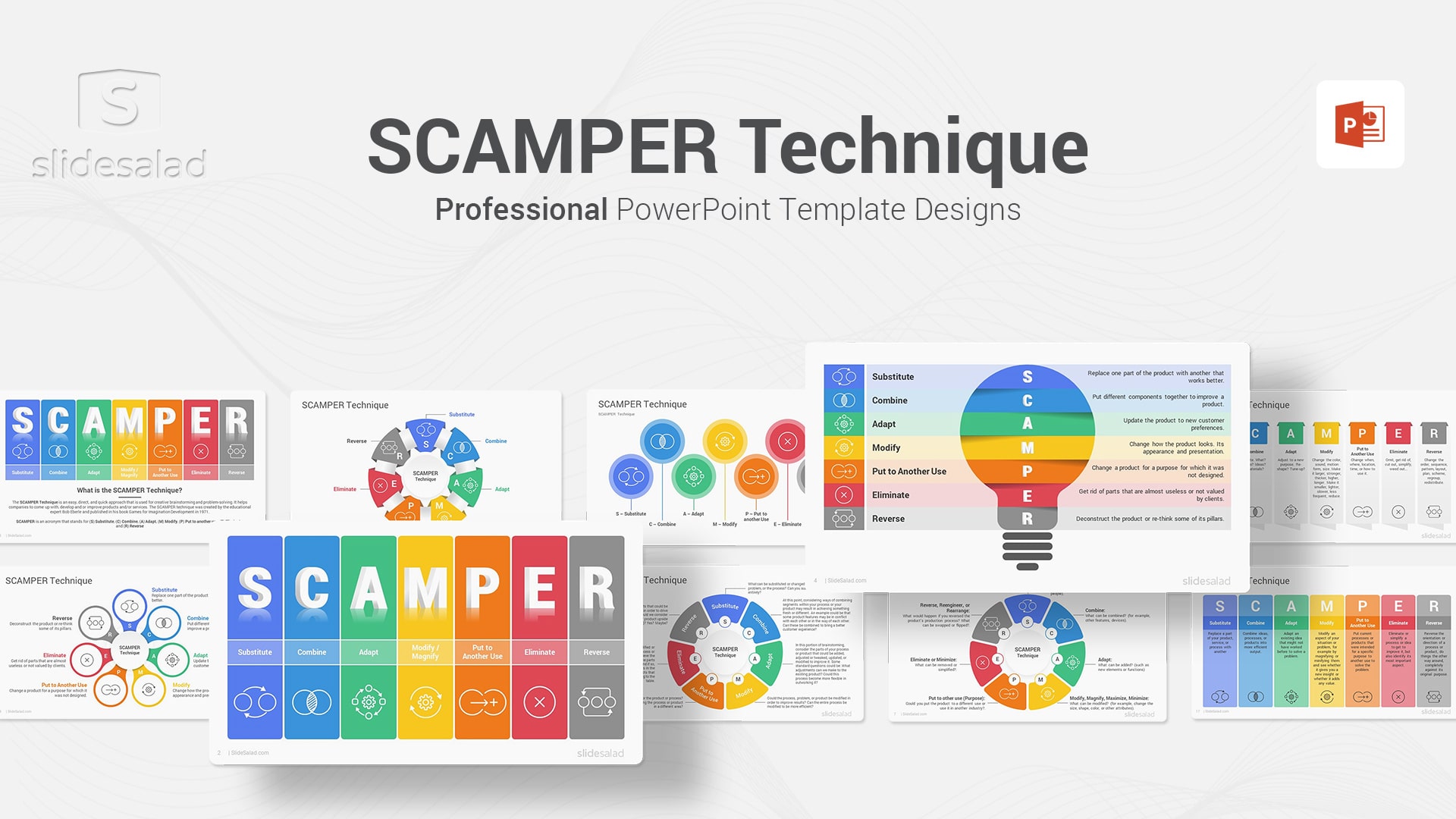 SCAMPER Technique PowerPoint Template Designs - Powerful Creative Tool to Create New Ideas Using This Proven Technique