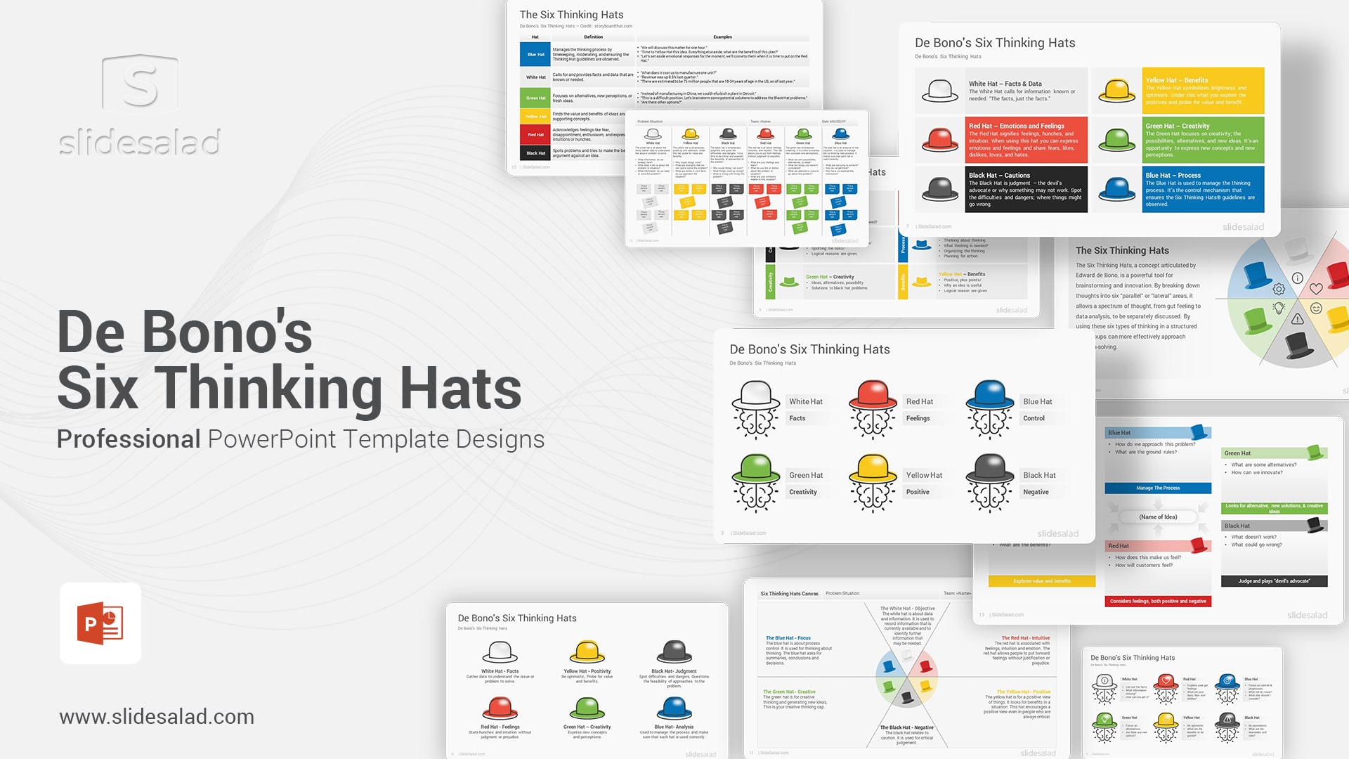 Six Thinking Hats PowerPoint Template Diagrams - Top-Selling Presentation Template for Showcasing the Examples of Parallel Thinking