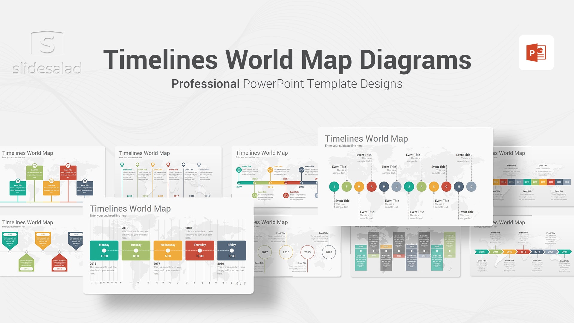 Timelines World Map Diagrams PowerPoint Template